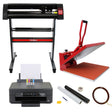 Vinyl cutter with a sleek black design, red heat press, Epson printer, and various tools for sign-making and crafting projects