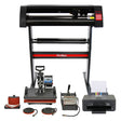 Vinyl cutter and printer combo with black and red design, featuring various heat press attachments and a digital control panel