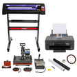 5-in-1 vinyl cutter with LED display, printer, heat press, weeding tools, and heat tape, featuring sleek black and red design