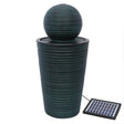 Elegant round ball solar water feature with textured dark green finish, featuring a sleek cylindrical base and solar panel for outdoor decor