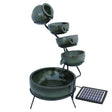 Elegant green 4-tier spilling bowls water feature with a sleek black metal frame and solar panel, perfect for gardens or patios