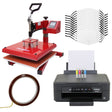 Red swing heat press, Epson printer, sublimation face masks, and heat transfer tape arranged for crafting and printing projects