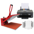 Sublimation face masks, red clam heat press, and Epson printer with ink cartridges, showcasing essential printing equipment for custom designs