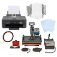 Sublimation printing kit featuring an Epson printer, heat press machine, blank face masks, transfer sheets, and accessories