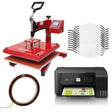 Red swing heat press machine, eco tank printer, roll of heat transfer tape, and ten white sublimation face masks arranged together