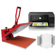 Red clam heat press machine with a flat surface, eco tank printer, and ten white sublimation face masks arranged neatly beside them