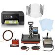 Sublimation printing kit featuring a heat press, eco tank printer, blank face masks, transfer sheets, and heat-resistant tape