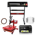 Vinyl cutter, swing heat press, eco tank printer, and ten white face masks arranged on a clean surface, showcasing essential crafting tools