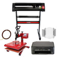 Swing heat press in red and black, vinyl cutter, Epson printer, and ten white face masks arranged for crafting and printing projects