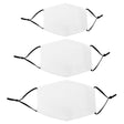 Blank white face masks in a bundle of 30, featuring adjustable black ear straps and a smooth, soft fabric surface for sublimation printing