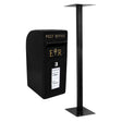 Elegant black Royal Mail post box with gold lettering and crown detail, mounted on a sturdy black stand, ideal for outdoor use