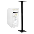 White Royal Mail post box with gold lettering and crown emblem, mounted on a sturdy black metal stand, ideal for outdoor use