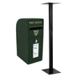 Green Irish post box with a textured finish, featuring a gold harp emblem and a sturdy black metal stand for stability