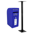 Bright blue Scottish post box with a black metal stand, featuring a front slot for mail and a clear time display for collection times