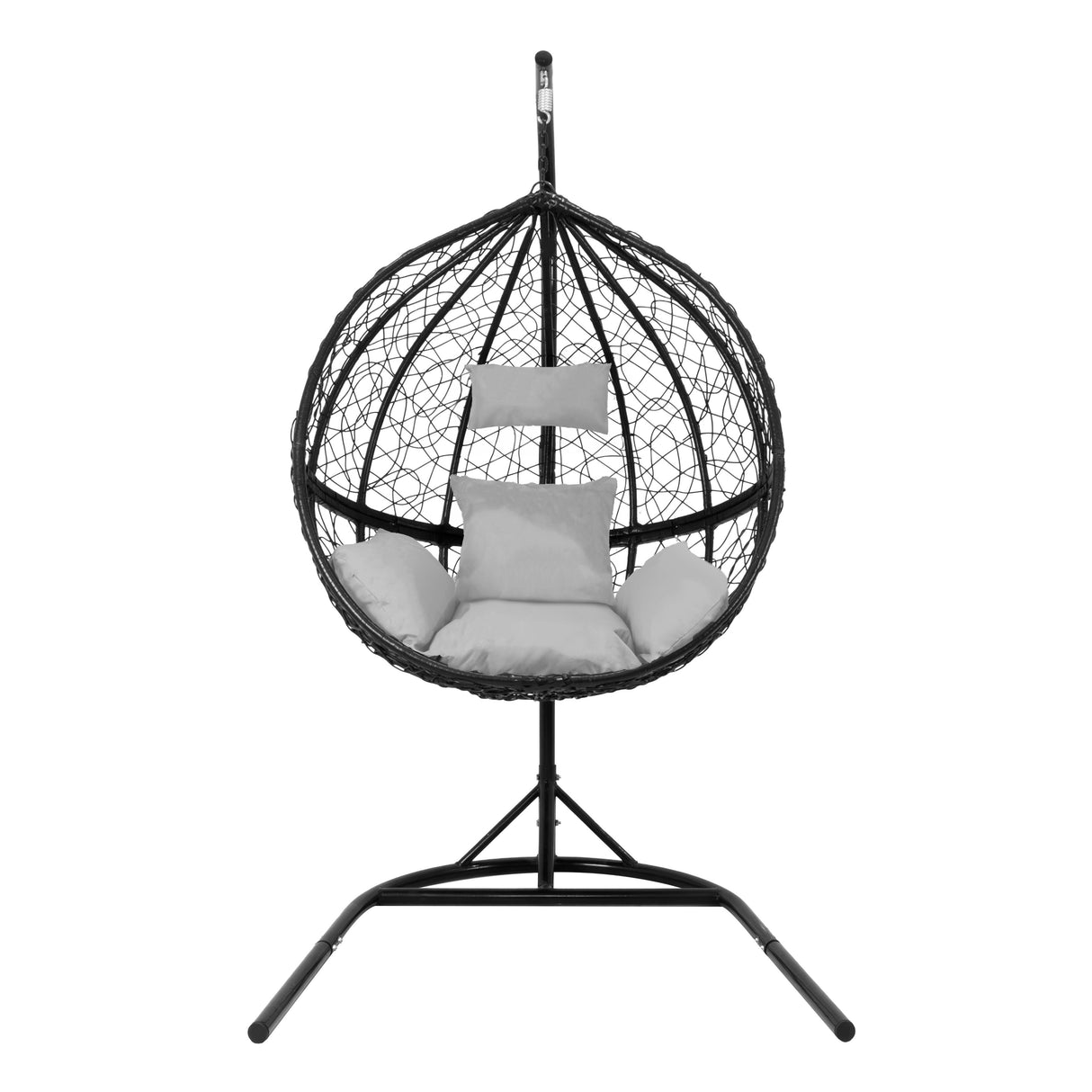 Black hanging rattan egg chair with a curved design, featuring soft gray cushions and a sturdy metal stand for outdoor relaxation