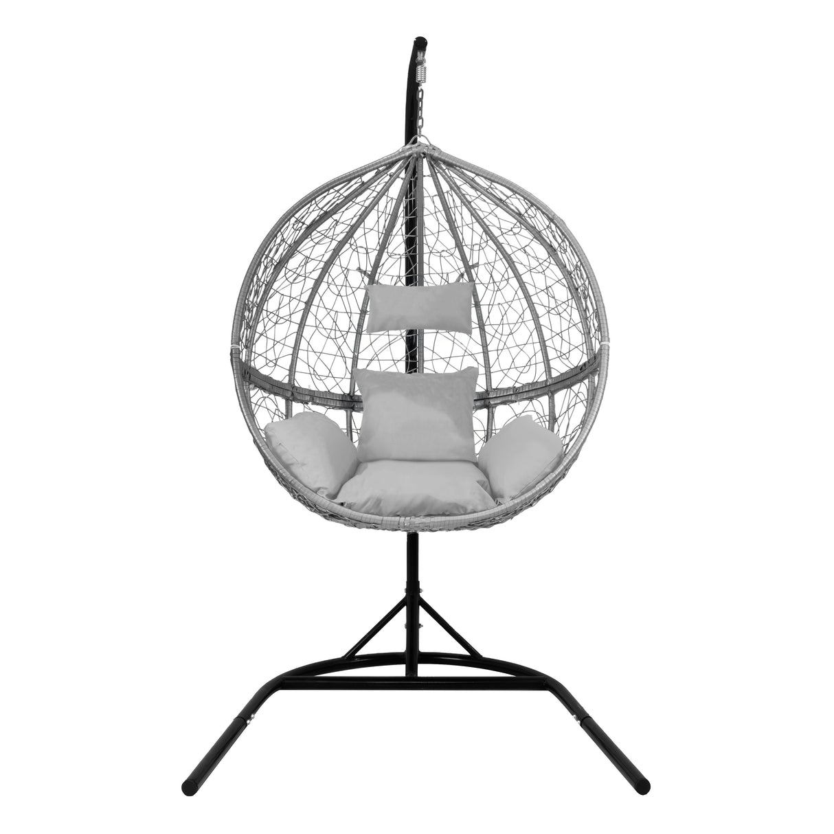 Stylish grey rattan egg chair with a round woven design, plush cushions, and a sturdy black metal stand for indoor or outdoor use