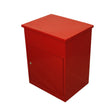 Bright red parcel post box with a smooth finish, square shape, and a front door for secure mail collection and storage