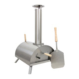 Stainless steel outdoor tabletop pizza oven with a chimney, wooden handles, and a pizza peel for easy serving and cooking