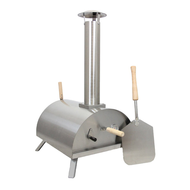 Stainless steel outdoor tabletop pizza oven with a chimney, wooden handles, and a pizza peel for easy serving and cooking