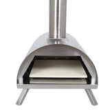 Stainless steel outdoor pizza oven with a rounded design, featuring a stone baking surface and a chimney for smoke ventilation