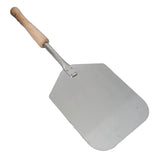 Stainless steel pizza peel with a smooth, flat surface and a wooden handle, ideal for transferring pizzas to an outdoor oven