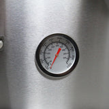 Stainless steel pizza oven thermometer with a red needle, displaying temperature readings from 0 to 1000 degrees Fahrenheit