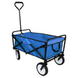 Foldable garden cart in vibrant blue with a sturdy black frame, large wheels, and fabric pockets for easy transport and storage