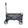 Foldable garden cart in grey fabric with a sturdy black frame, featuring four wheels and a comfortable handle for easy transport