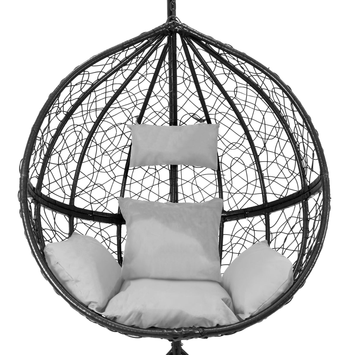 Black rattan egg chair with a round, woven design, featuring plush white cushions and a cozy, inviting shape for relaxation