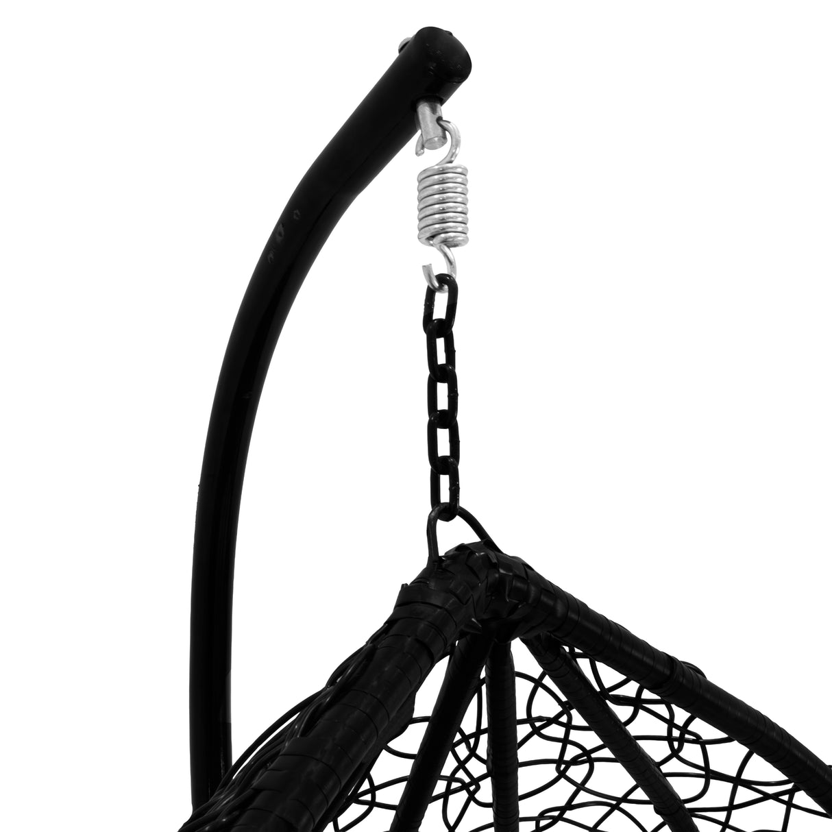 Black hanging rattan egg chair featuring a sturdy metal frame, woven texture, and a sleek design for stylish outdoor seating