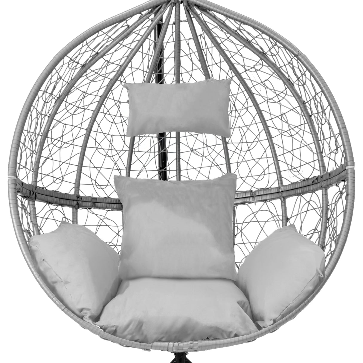Stylish grey hanging rattan egg chair with plush white cushions, featuring a round woven design and sturdy metal frame