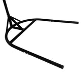 Black metal stand with a curved base designed for hanging grey rattan egg chairs, showcasing sturdy construction and modern style