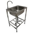 Portable stainless steel camping sink with a sleek design, sturdy legs, and a faucet, ideal for outdoor cooking and washing tasks