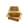 Two pull-out wicker kitchen baskets with natural wood handles, featuring a textured weave and rectangular shape, ideal for storage