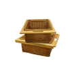 Two pull-out wicker kitchen baskets with wooden frames, featuring a natural brown color and a textured weave design, ideal for storage