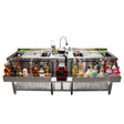 Stainless steel double cocktail bar station with ice, colorful liquor bottles, glassware, and a blender for mixing drinks