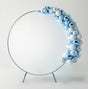 Silver wedding moongate arch with a cluster of blue and white balloons, featuring glossy and matte textures, ideal for ceremonies