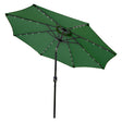 Green 2.7m LED tilt parasol with a sturdy black frame, featuring bright LED lights along the edges for evening illumination