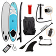 10ft blue inflatable paddle board with a textured surface, adjustable paddle, pump, backpack, and waterproof phone case included