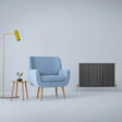 Anthracite grey flat panel radiator with sleek vertical lines, positioned next to a light blue armchair and wooden side tables