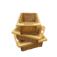 Three pull-out wicker kitchen baskets with natural wood handles, featuring a woven texture and rectangular shape, ideal for storage