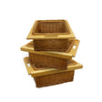 Three stacked wicker kitchen baskets with wooden frames, showcasing a natural brown color and textured weave for stylish storage