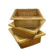 Three stacked pull-out wicker kitchen baskets with wooden handles, featuring a natural woven texture and a rectangular shape