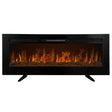 Sleek black electric inset fireplace with realistic flame effect, glowing logs, and modern design, perfect for cozy spaces