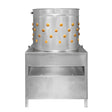 Stainless steel poultry plucker machine with a cylindrical body, orange rubber fingers, and ventilation holes for efficient feather removal