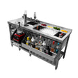 Deluxe cocktail bar station featuring a stainless steel surface, ice compartment, sink, blender, and organized liquor storage