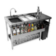 Sleek stainless steel cocktail bar station with ice compartment, sink, liquor bottles, glassware, and a trash bin for efficient service