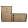 MDF camper van kitchen unit in light wood finish, featuring a tall cabinet with a door and a countertop with circular cutouts and two cabinets