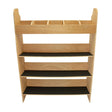 Wooden toolbox van racking with four shelves, featuring a natural finish and black textured mats for stability and organization