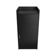 Sleek black wooden litter bin with a smooth finish, featuring a top tray and a front-opening storage compartment for easy access